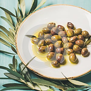 Pickled olives in oil and olive-tree branch over blue background