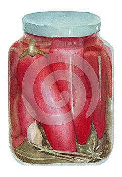 Pickled Pepers in a glass jar, marinated chili with garlic, grape leaves and cinnamon, watercolor illustration, isolated