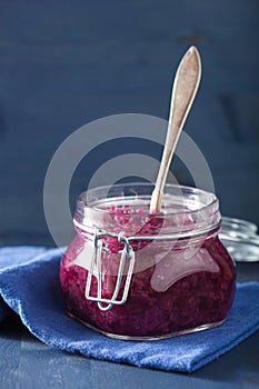 Pickled red cabbage in glass jar