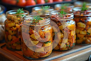 Pickled stewed paprika in a glass jar.