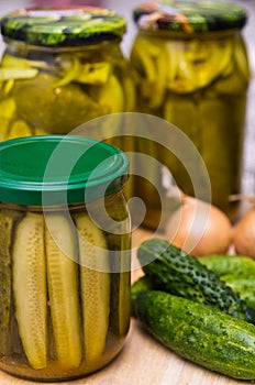 Pickles or cucumbers with zucchini with curry spice.