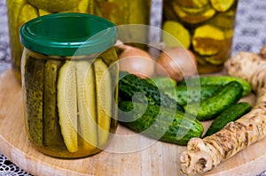 Pickles or cucumbers with zucchini with curry spice.