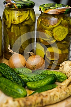 Pickles or cucumbers with zucchini with curry spice.