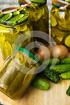 Pickles or cucumbers with zucchini with curry spice.