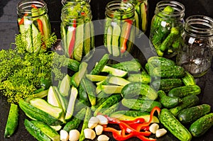 Pickles garlic and jars ready to pickle