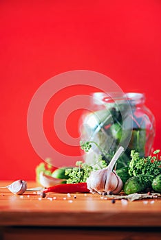 Pickling cucumbers in cans. Ingredients for marinated gherkins, glass jar, garlic, dill, salt, pepper on red background