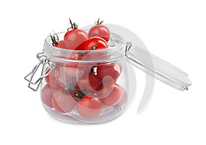 Pickling jar with fresh ripe cherry tomatoes isolated