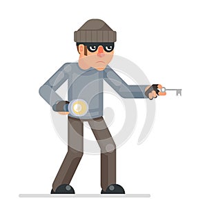 Picklock housebreaker thieves keys flashlight hand sneak evil greedily thief cartoon rogue bulgar character flat design photo