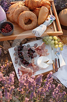 Picknick with food and fruits outdoors in nature