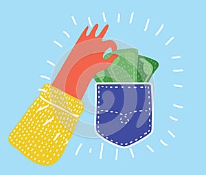 Pickpocket flat illustration isolated on white. Human hand takes money cash from pocket