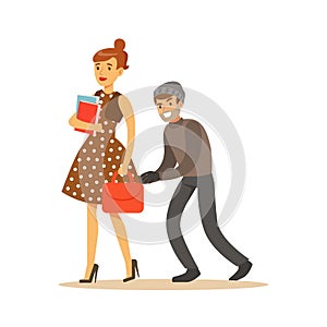 Pickpocket trying to steal bag from girl. Colorful cartoon character vector Illustration