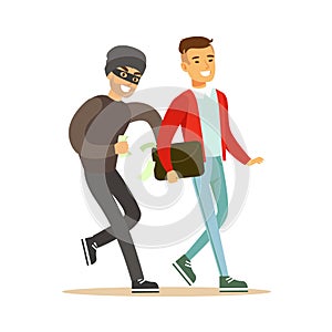 Pickpocket trying to steal money from smiling man . Colorful cartoon character vector Illustration