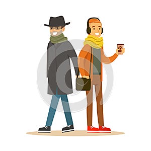 Pickpocket trying to steal wallet from man in headphones. Colorful cartoon character vector Illustration