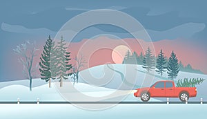 Pickup with christmas tree.Winter landscape. Fir Trees and road.