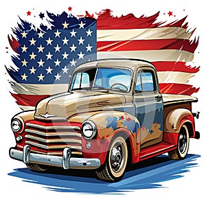 pickup truck against the background of the American flag