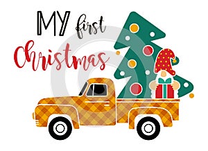 Pickup truck carrying Chrismas tree and gnome with presents, vector illustration