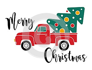 Pickup truck carrying Chrismas tree. Vector illustration