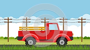 Pickup truck driving on a countryside during summer season. Retro farming vehicles for transportation and hauling production. Car