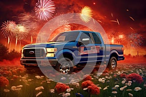 A pickup truck with a flag of the United States stands in a field of flowers and fireworks, patriotic 1993 ford f150, in a field