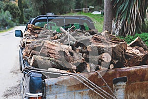 Pickup truck fully loaded with olive tree chopped firewood logs, preparing of woods for fireplace before the winter in Greece,