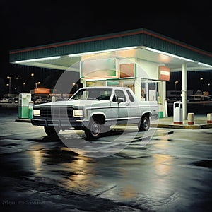 A pickup truck in gas station and convenience store at street corner near Sam Houston Highway.