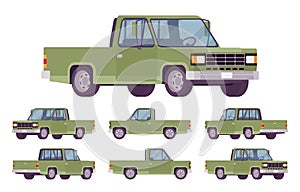 Pickup truck green set with cab and open cargo area