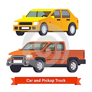 Pickup truck and middle sized sedan in 3d