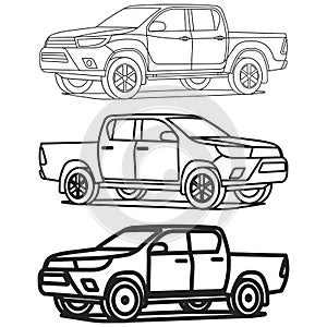 Pickup truck outline set on white background drawing vector illustration photo