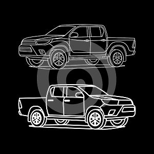 Pickup truck outline white on black background drawing vector illustration