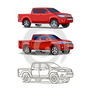 Pickup truck set outline and realistic colored vector illustration