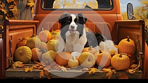 A pickup truck trailer and on it a black and white dog lying in pumpkins. Pumpkin as a dish of thanksgiving for the harvest