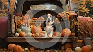 A pickup truck trailer and on it a black and white dog lying in pumpkins. Pumpkin as a dish of thanksgiving for the harvest