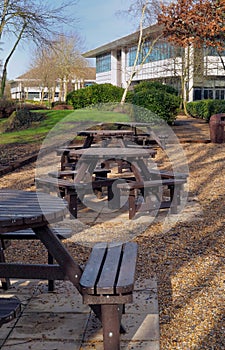 Picnic area next to some office buildings on a business park