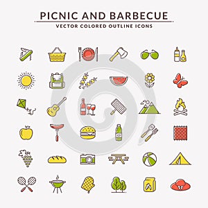 Picnic and barbecue colored outline icons.