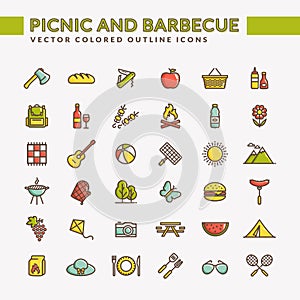 Picnic and barbecue colored outline icons.