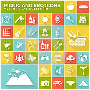 Picnic and barbecue flat icons on colorful square buttons.