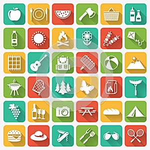 Picnic and barbecue flat icons on colorful square buttons.