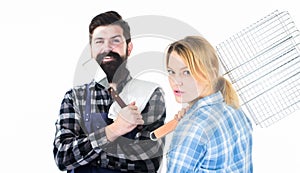 Picnic barbecue. food cooking recipe. Family weekend. Couple in love hold kitchen utensils. Man bearded hipster and girl