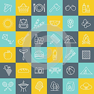 Picnic and barbecue line icons over colorful square buttons.