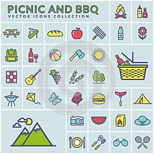 Picnic and barbecue modern colorful icons. Vector.