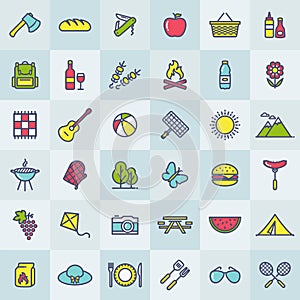 Picnic and barbecue modern colorful icons. Vector.