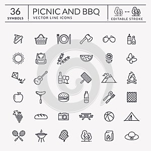 Picnic and barbecue outline icons. Editable stroke.
