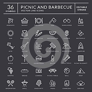 Picnic and barbecue outline icons. Editable stroke.
