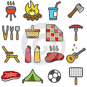 Picnic and barbecue set color icons in flat style.