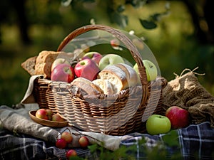 Picnic basket with apples and bread