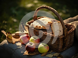 Picnic basket with apples and bread