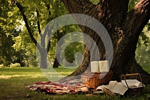 picnic basket, blanket, and a good book under a trees shade