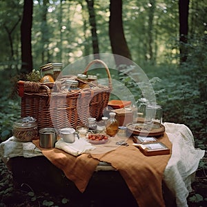 Picnic basket, blanket, pillows, food and dishes in a beautiful landscape on forest edge.