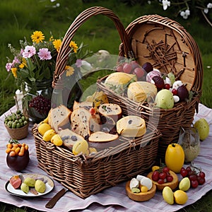 picnic basket with bread, fruit and cheese on a wooden table. generative ai