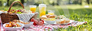 Picnic basket brimming with scrumptious dishes on lush park grass for a delightful outdoor feast photo